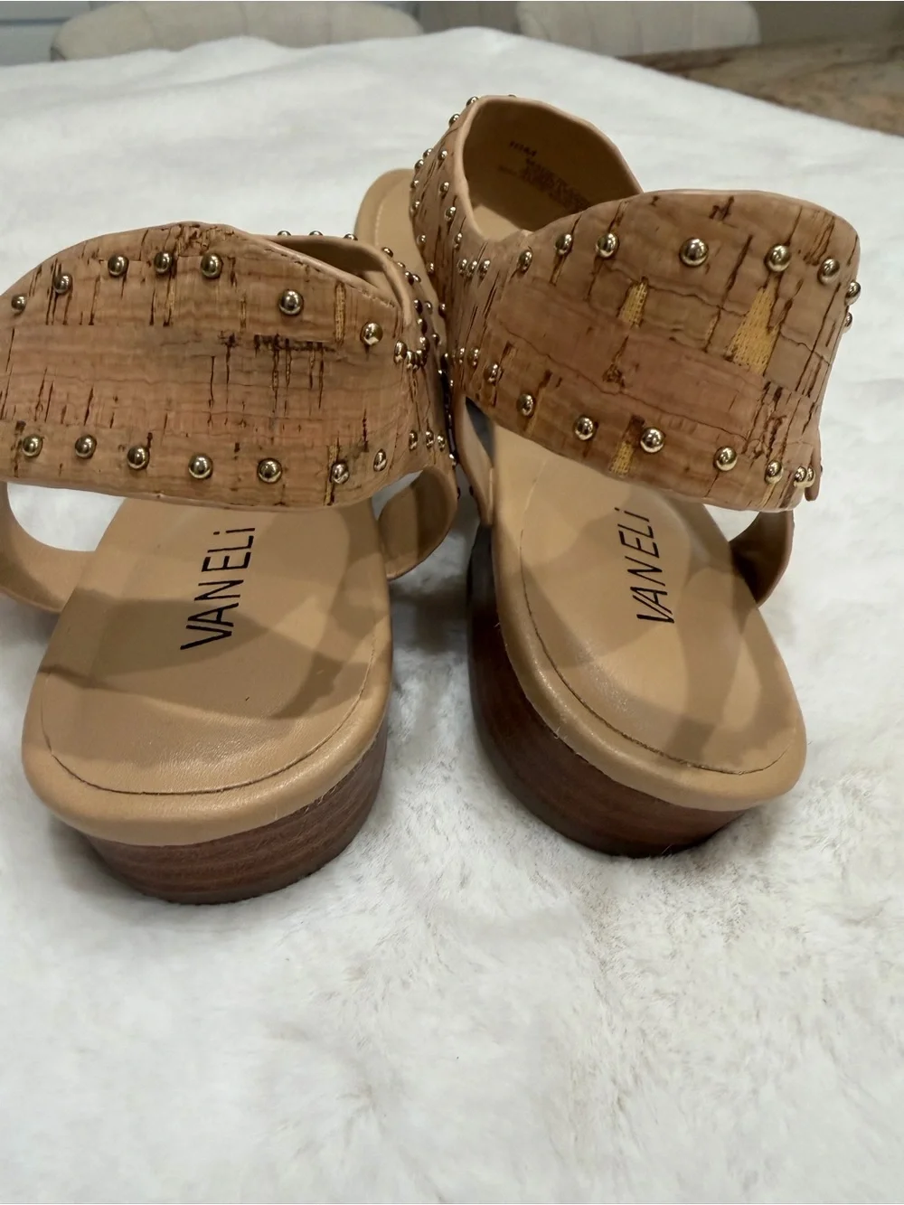 Vaneli Tan Cork T-Strap Studded Sandals Size 10